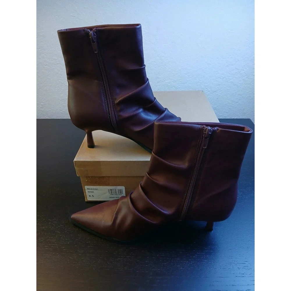 Steve Madden Maxxine Wine Burgundy Ruched Pointed Toe Kitten Heel Booties 8.5